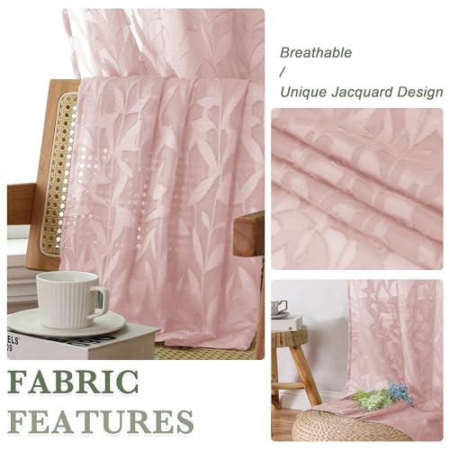 Lecloud Leia Jacquard Textured Blush Sheer Kitchen Curtains 36 Inch Length 2 Packs, Airy & Breathable Clip Leaf Living Room/Dining Room/Cafe/Bedroom Voile Pink Curtain & Drapes with Dual Rod Pockets, - Image 3