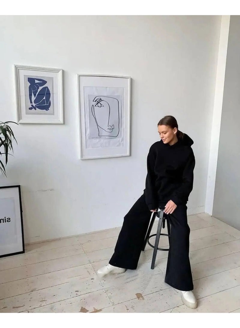 NIBEMINENT Fall Winter Two-Piece Sportswear Outfit Women Loose Running Sets Solid Color Long Sleeve Hoodies+Baggy Straight-Leg Trousers - Image 2