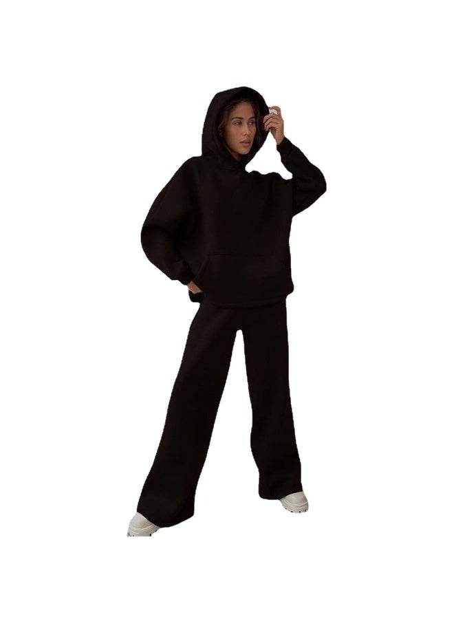 NIBEMINENT Fall Winter Two-Piece Sportswear Outfit Women Loose Running Sets Solid Color Long Sleeve Hoodies+Baggy Straight-Leg Trousers - Image 1