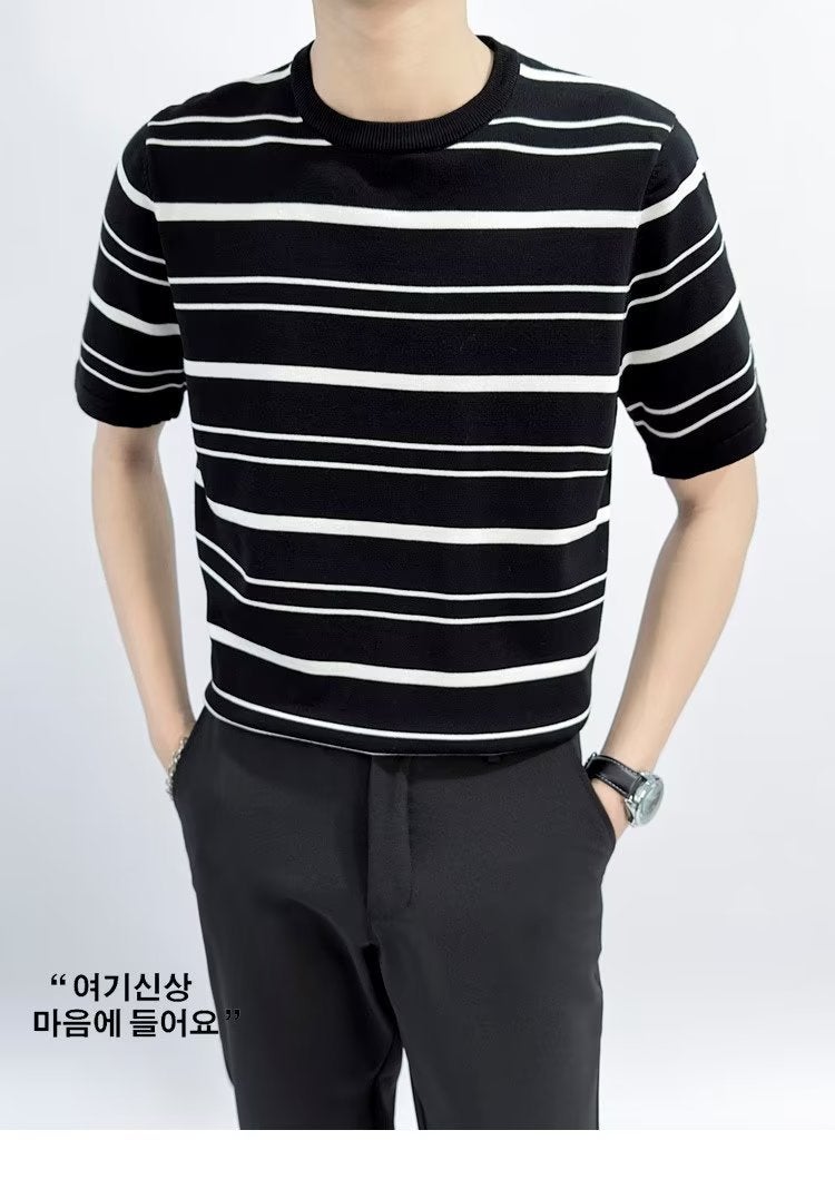 Ice silk ins trend striped sweater men's short sleeve T-shirt light cooked wind summer new original plus size a generation of hair - Image 1