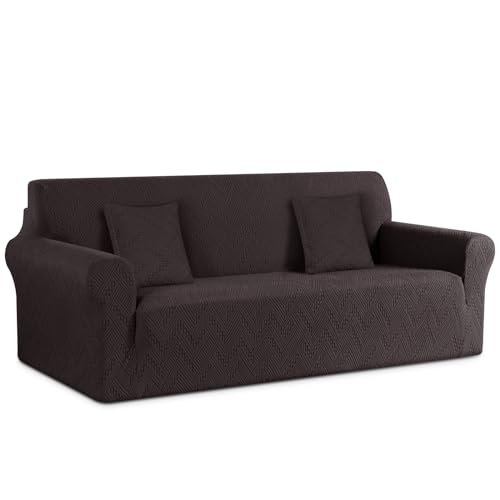 Ruaozz Stretch Sofa Cover 1 Piece Couch Covers for 3 Cushion Couch Non Slip Universal Sofa Slipcover Washable Soft Jacquard Furniture Protector with 2 pcs Throw Pillow Covers (3 Seater, Chocolate) - Image 1