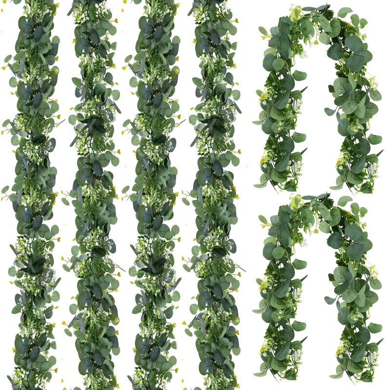 Aeaocvo 6 Pack Artificial Eucalyptus Leaf Garland, 5.9ft Faux Greenery Garland Fake Eucalyptus Wreath Vines for Centerpiece Table Wedding Backdrop Arch Wall Decor - Image 1