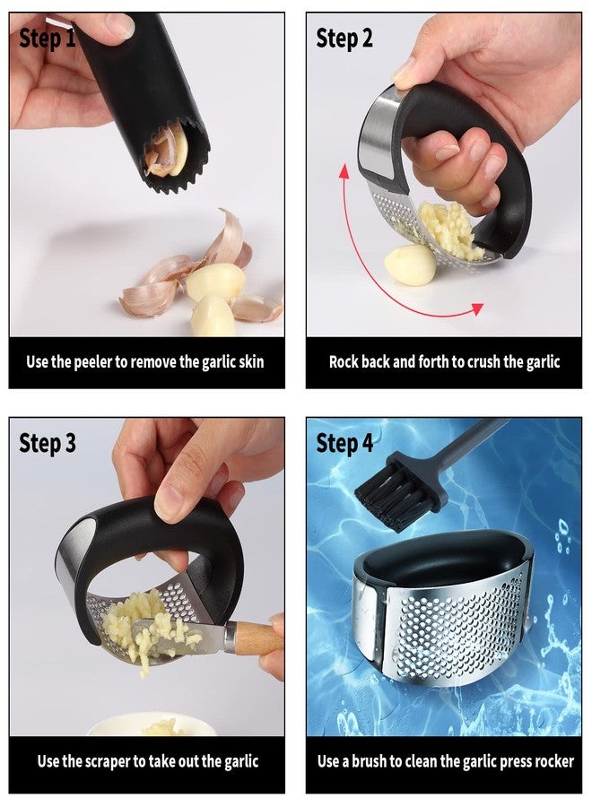 Rngeo 2 Pack Garlic Press Rocker, Stainless Steel Garlic Mincer with 2 Peelers, 2 Scrapers and 2 Brushes | Garlic Crusher Garlic Chopper for Smashing Garlic - Image 3