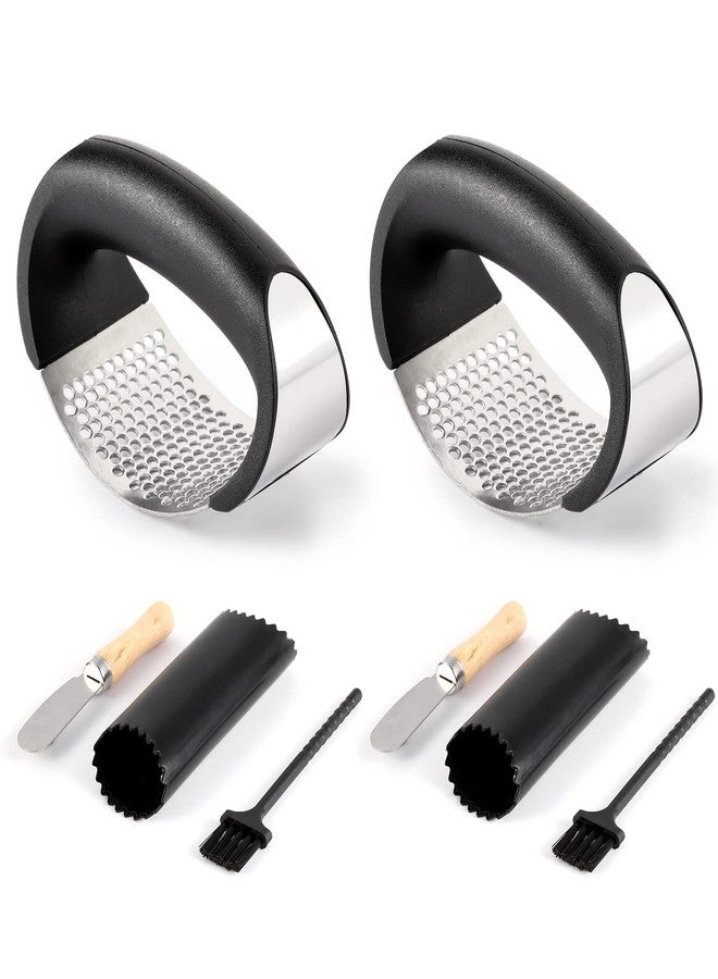 Rngeo 2 Pack Garlic Press Rocker, Stainless Steel Garlic Mincer with 2 Peelers, 2 Scrapers and 2 Brushes | Garlic Crusher Garlic Chopper for Smashing Garlic - Image 1