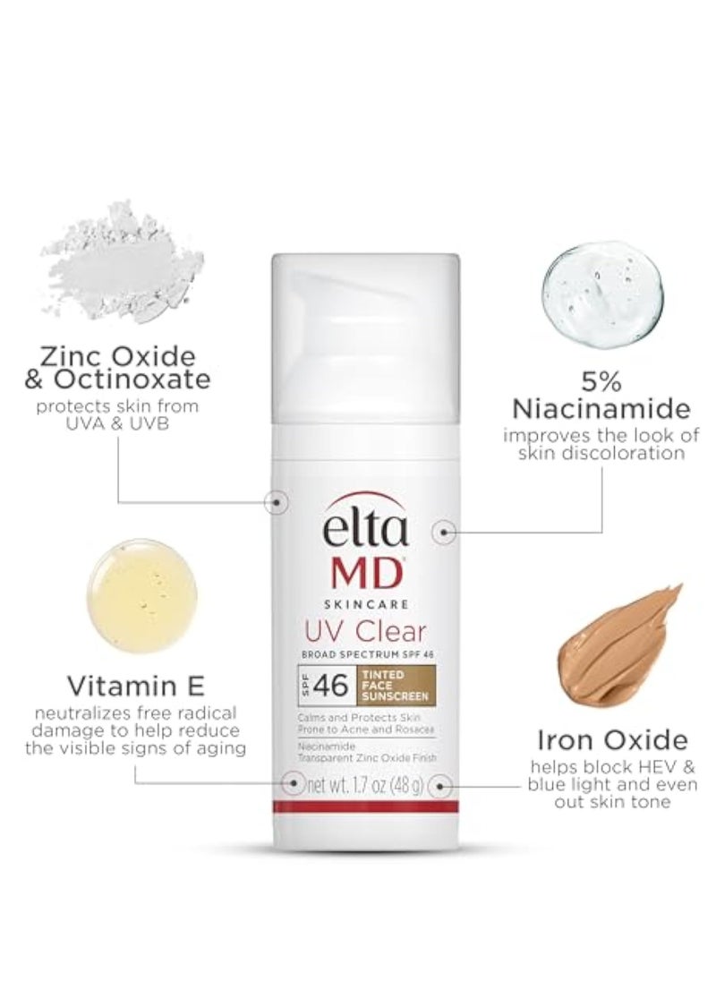 EltaMD - EltaMD UV Clear Facial Sunscreen SPF 46 - For Skin Types Prone To Acne, Rosacea & Hyperpigmentation - Tinted 48g/1.7oz Cream - Image 1