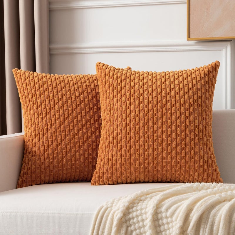 K KEVIN TEXTILE Kevin Textile Throw Pillow Covers Soft Corduroy Decorative Set of 2 Boho Striped Pillow Covers Pillowcases Farmhouse Home Decor for Couch Bed Sofa Living Room 26x26 Inch Orange Yellow  - Image 1