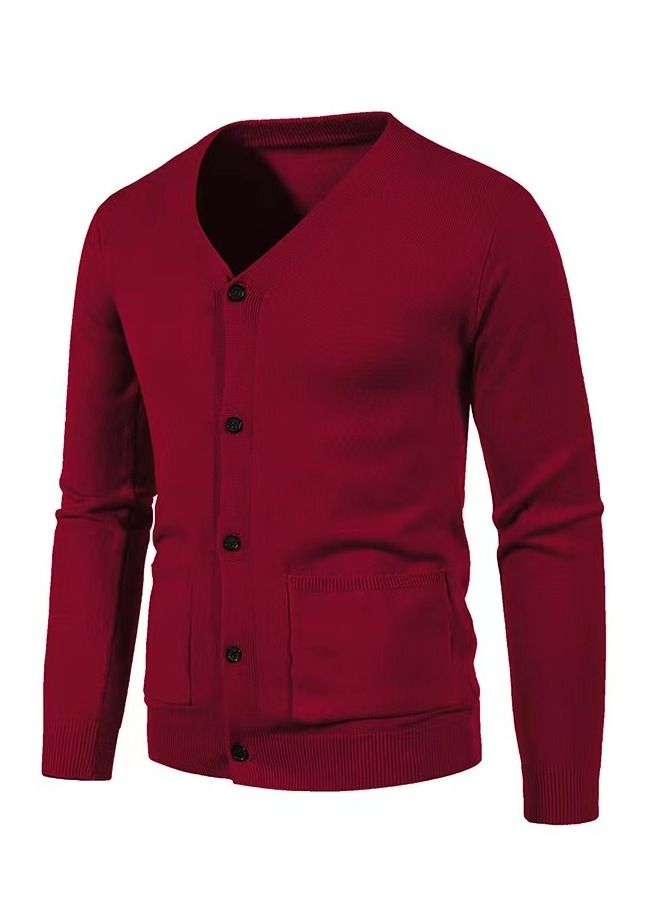 Loquat Men's V-neck Solid Color Cardigan Knit Fashionable Slim Sweater 