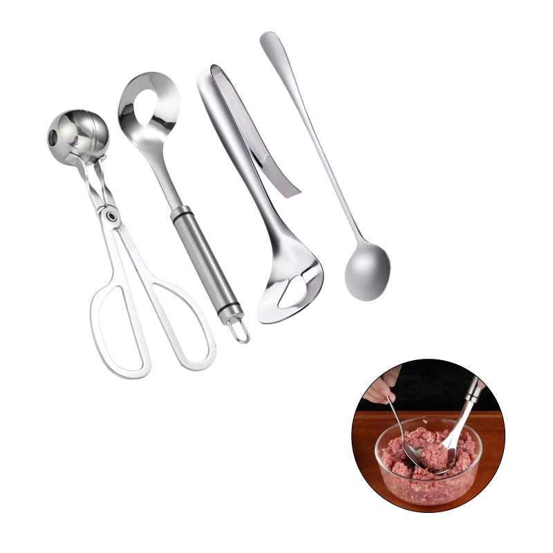 Aulufft 4 Pcs Meatball Spoon Set Meatball Making Tool NonStick Meatball Maker Meatball Scoops with Long Handle for Kitchen DIY Cooking