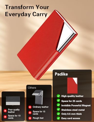 Padike Business Card Holder, PU Leather & Stainless Steel Multi Card Case for Men & Women, Name Card Holder, Credit Card Wallet, ID Case/Holder with Magnetic Closure (Red) - Image 2