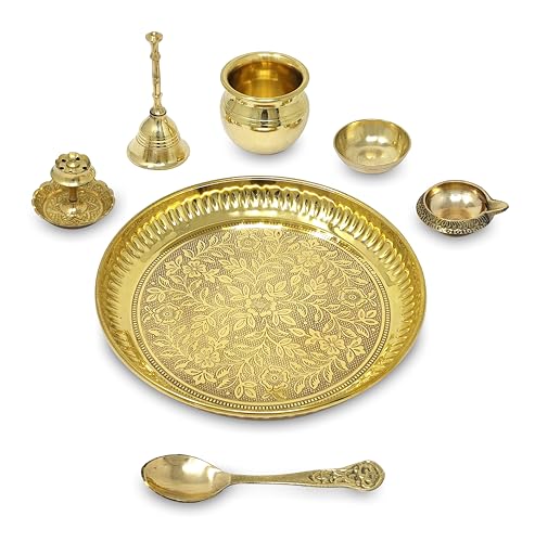 BENGALEN Brass Pooja Thali Set with Grey Gift Box 6 Inch Pital Plate Kalash Spoon Chandan Wati Dhup Dan Kuber Diya Ghanti Puja Arti Thali for Diwali Home Office Mandir Wedding Return Gifts - Image 3