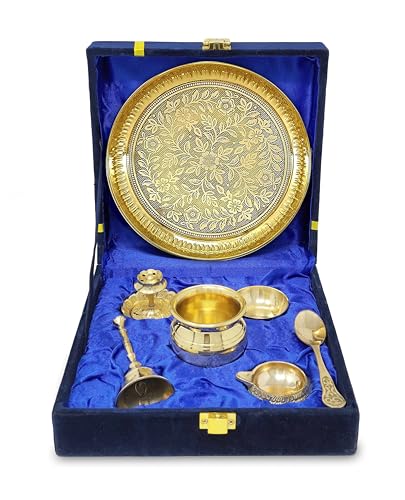 BENGALEN Brass Pooja Thali Set with Grey Gift Box 6 Inch Pital Plate Kalash Spoon Chandan Wati Dhup Dan Kuber Diya Ghanti Puja Arti Thali for Diwali Home Office Mandir Wedding Return Gifts - Image 1