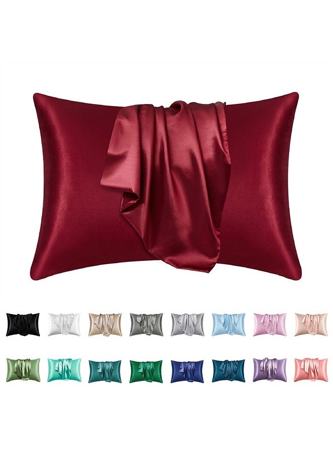Satin Pillowcase Set of 2 for Hair and Skin, Smooth Cooling Pillow Cases, Silk Pillow Case, Striped Pillow Cover, Soft Plain Pillow Covers with Envelope Closure (51 x 76 cm, Burgundy) - Image 1