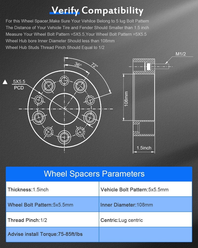 ECCPP 2pcs 5 Lug Wheel Spacers 1.5 Inch 5x5.5 to 5x5.5 for F100, F150, E100, CJ5, CJ6, CJ7, Ram 1500 - Image 3