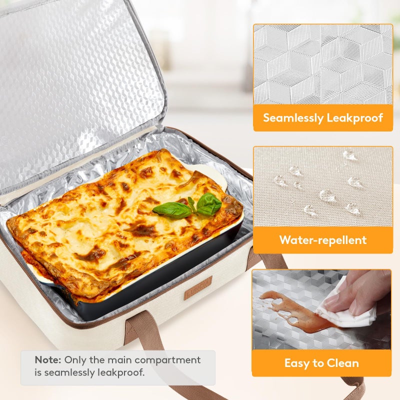 LUNCIA Insulated Single Decker Casserole Carrier, Lasagna Lugger Tote Keeps Food Hot or Cold, Thermal Lunch Bag for Potluck Parties, Picnic and Cookouts, Fits 9" x 13" Baking Dish, Cream - Image 4