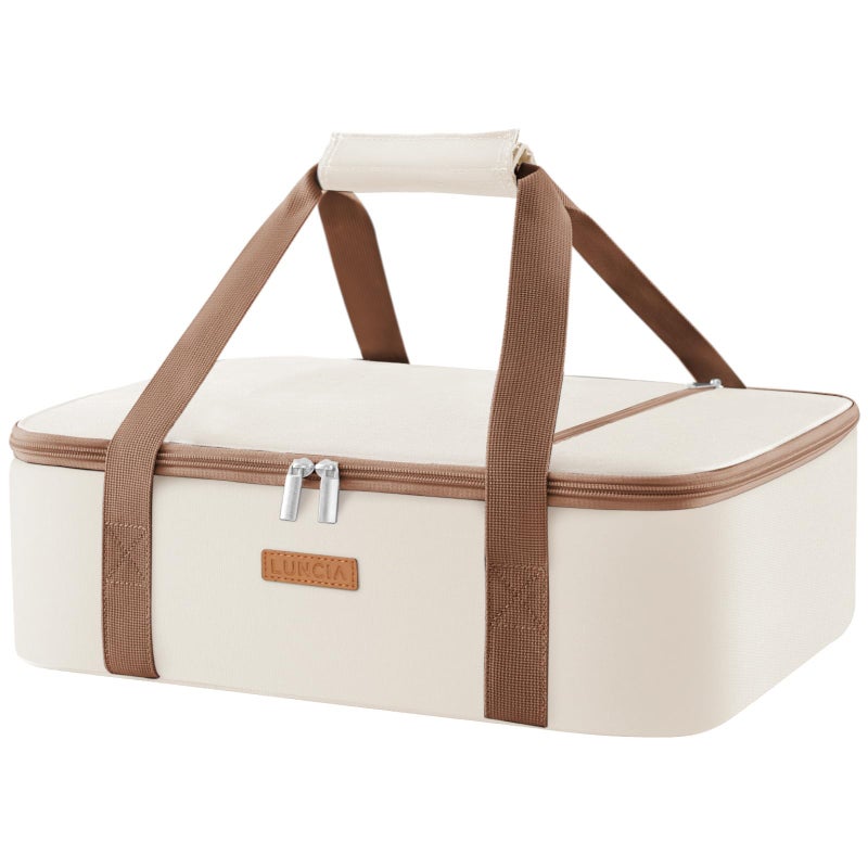 LUNCIA Insulated Single Decker Casserole Carrier, Lasagna Lugger Tote Keeps Food Hot or Cold, Thermal Lunch Bag for Potluck Parties, Picnic and Cookouts, Fits 9" x 13" Baking Dish, Cream - Image 1