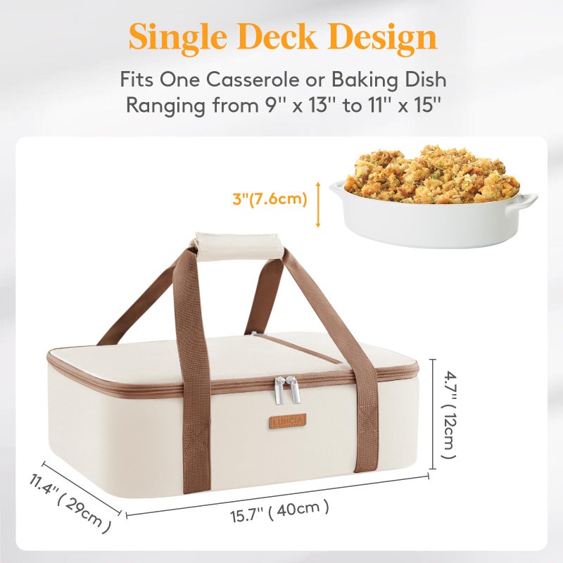 LUNCIA Insulated Single Decker Casserole Carrier, Lasagna Lugger Tote Keeps Food Hot or Cold, Thermal Lunch Bag for Potluck Parties, Picnic and Cookouts, Fits 9" x 13" Baking Dish, Cream - Image 2