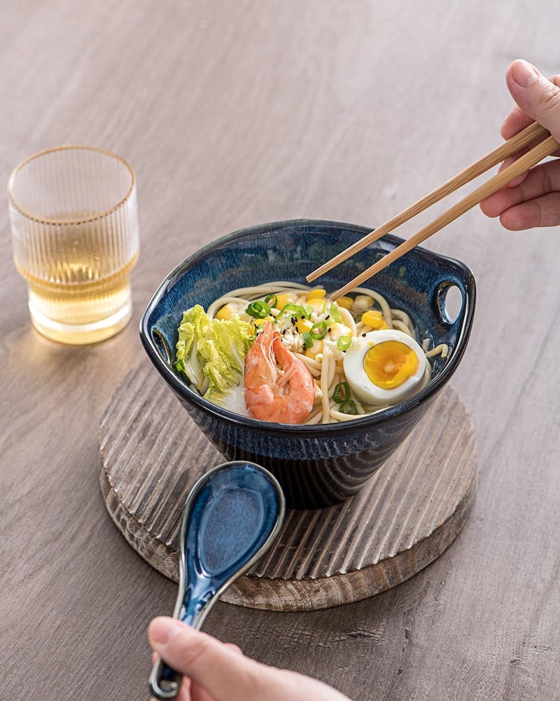 UNICASA Japanese Ramen Bowl Set with Chopsticks Spoons and Rests 26oz Deep Porcelain Noodle Bowl Set of 2 for Udon Pho Salad Soup Reactive Blue - Image 5