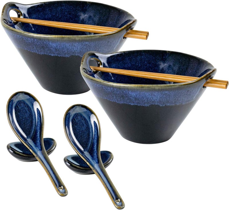 UNICASA Japanese Ramen Bowl Set with Chopsticks Spoons and Rests 26oz Deep Porcelain Noodle Bowl Set of 2 for Udon Pho Salad Soup Reactive Blue - Image 1