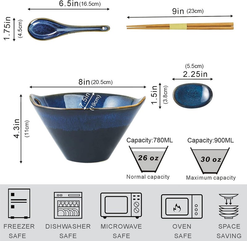 UNICASA Japanese Ramen Bowl Set with Chopsticks Spoons and Rests 26oz Deep Porcelain Noodle Bowl Set of 2 for Udon Pho Salad Soup Reactive Blue - Image 2