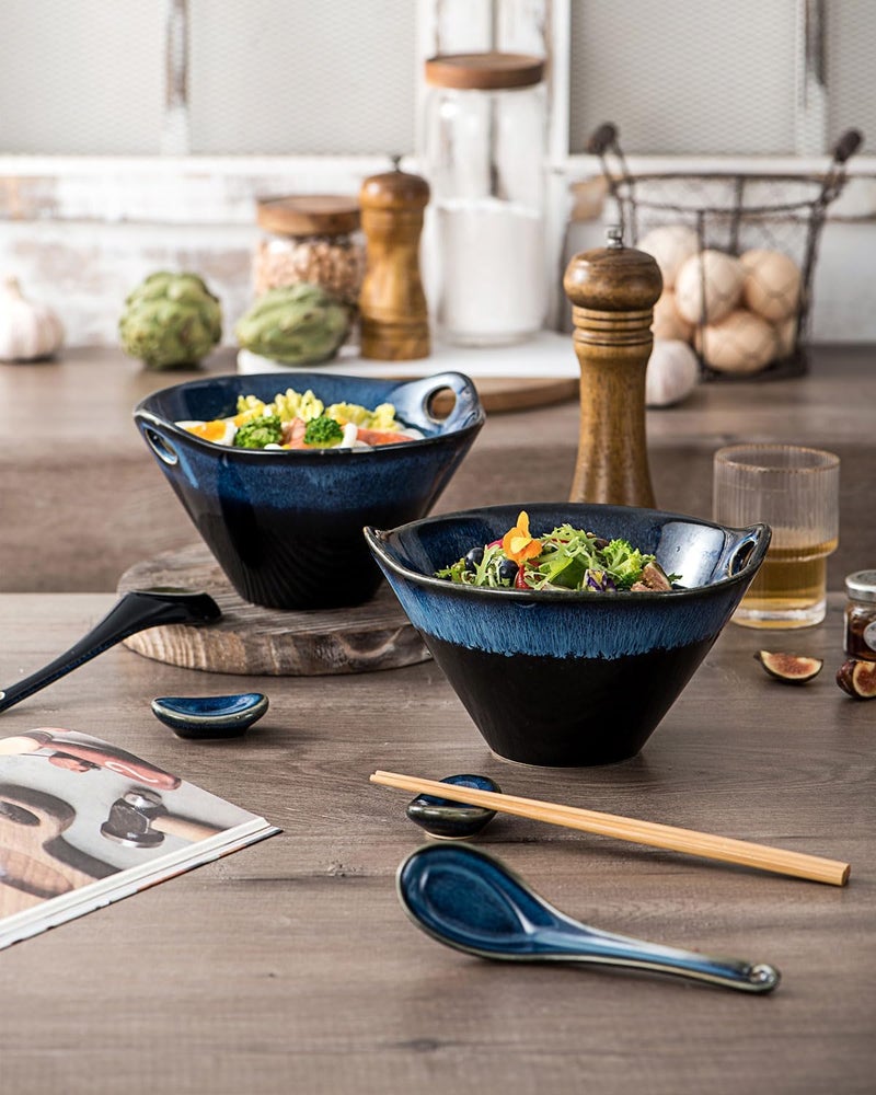 UNICASA Japanese Ramen Bowl Set with Chopsticks Spoons and Rests 26oz Deep Porcelain Noodle Bowl Set of 2 for Udon Pho Salad Soup Reactive Blue - Image 3