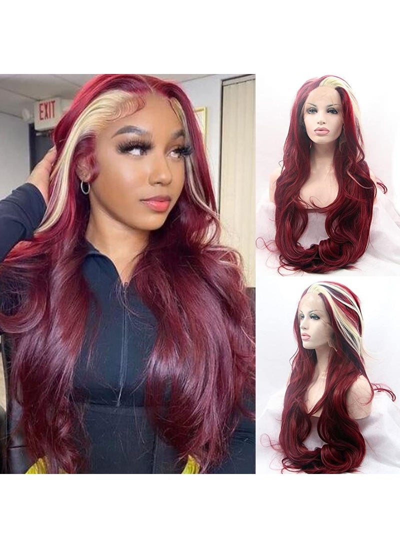 Xiweiya Xiweiya Wigs Highlight Blonde White Synthetic Lace Front Wig Wine Red Color Wig for Fashion Women Long Body Wave 13*3 Lace Wig with Heat Resistant Fiber Glueless Wigs for Halloween Cosplay Wigs (red) 