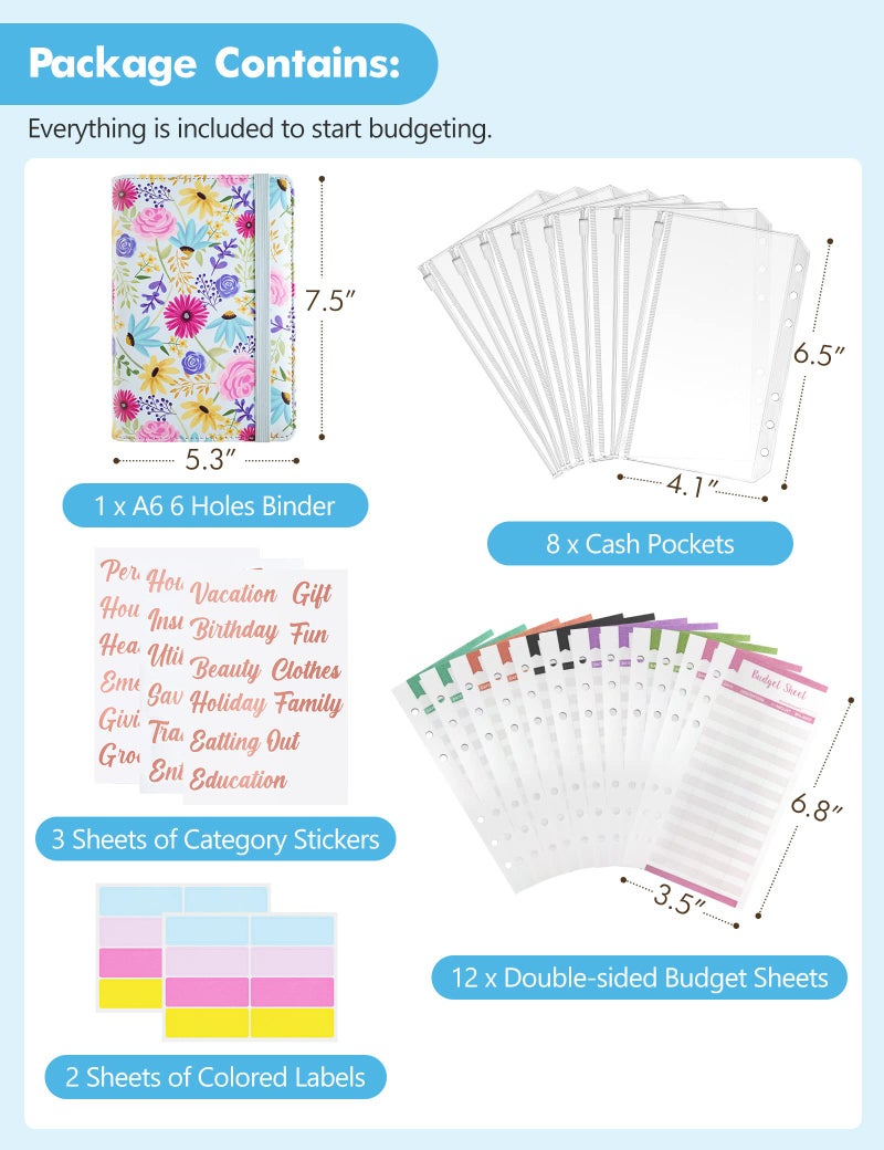Zreal A6 Budget Binder for Money Saving, PU Leather Budget Planner with 8 Cash Envelopes, Budget Sheets & Rose Gold Category Stickers, Money Organizer for Cash (Blue Flower) - Image 2
