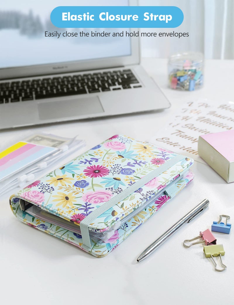 Zreal A6 Budget Binder for Money Saving, PU Leather Budget Planner with 8 Cash Envelopes, Budget Sheets & Rose Gold Category Stickers, Money Organizer for Cash (Blue Flower) - Image 3