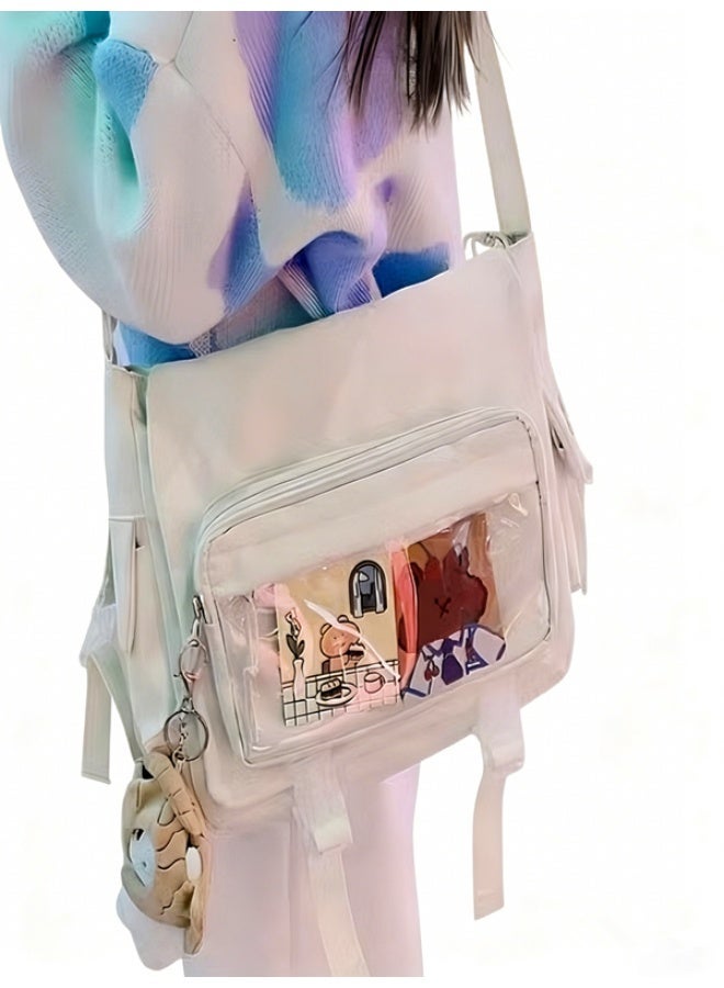 حقيبة كروسبودي قماش القنفذ كبيرة السعة - حقيبة البوستمان أحادية الكتف بلون موحد للفتيات والطالبات (للدراسة والاستخدام اليومي) - Image 2