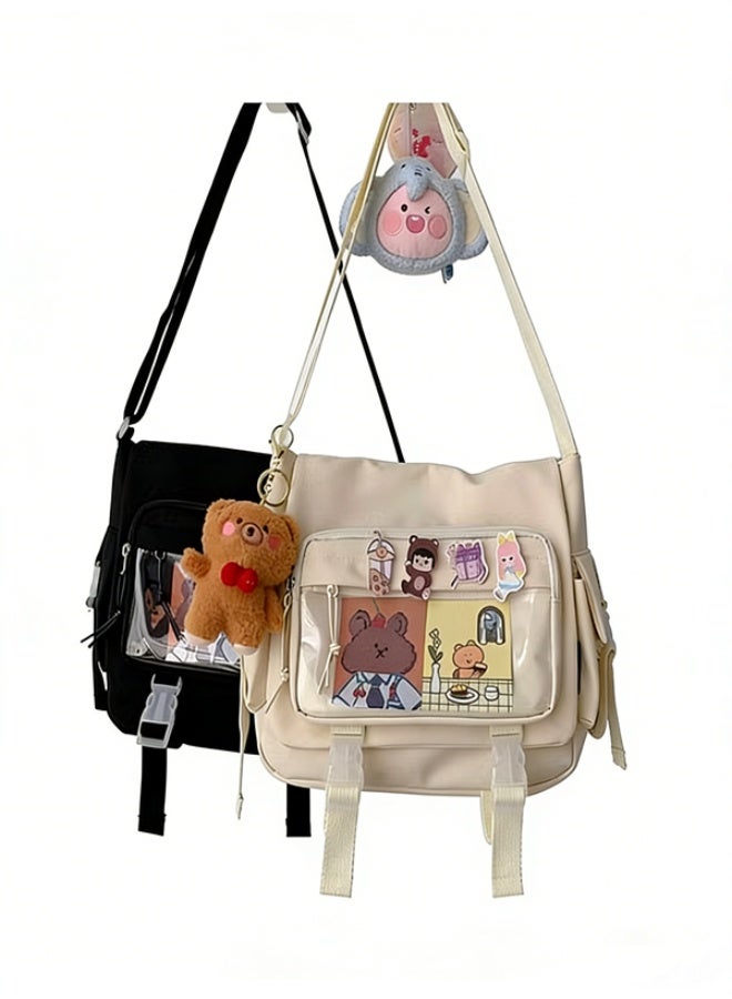 حقيبة كروسبودي قماش القنفذ كبيرة السعة - حقيبة البوستمان أحادية الكتف بلون موحد للفتيات والطالبات (للدراسة والاستخدام اليومي) - Image 3