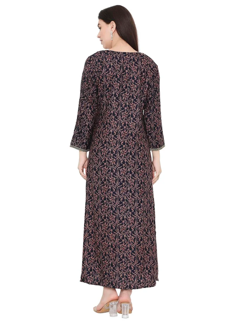 HANA & SARA LONG VISCOSE PRINTED FRONT NECK EMBROIDERY ARABIC KAFTAN JALABIYA DRESS