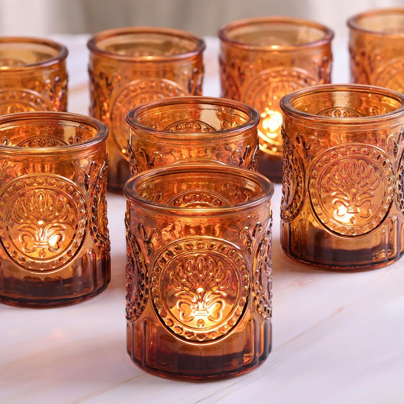Simeitol 12PCS Vintage Amber Votive Candle Holders Bulk Glass Tea Lights Candle Holders for Fall Table Centerpieces Wedding Decorations Boho Decor Christmas  Thanksgiving Table Decorations