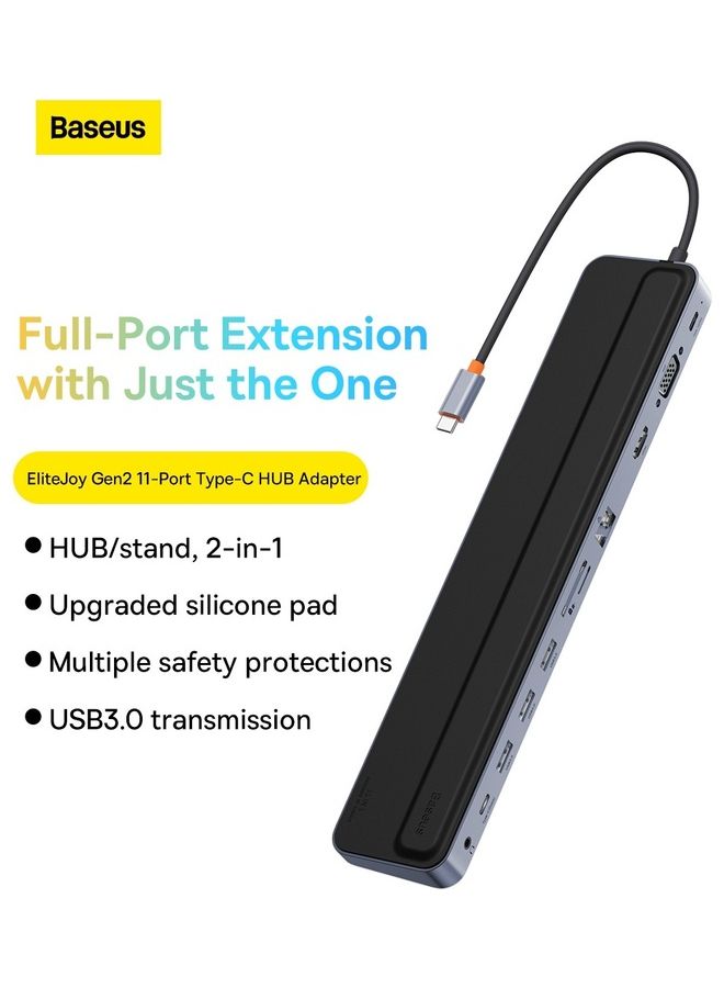 بيسوس موزع USB C دونجل 11 في 1، مع منفذ إيثرنت، ومنفذ 4K HDMI، ومنفذ VGA، ومنفذ توصيل الطاقة PD، ومنافذ USB 3.0، ومنفذ 3.5 مم، وفتحة قارئ بطاقات SD/TF، وإيثرنت RJ45، ومنفذ AUX مقاس 3.5مم، هذا الموزع متوافق مع ماك بوك برو/آير، وأجهزة لابتوب أخرى Type C لون رمادي - Image 2