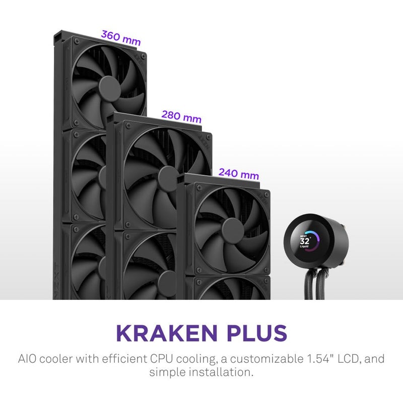 NZXT Kraken Plus 360 â€“ AIO CPU Liquid Cooler â€“ 360mm Radiator â€“ 3 x F120P Fans â€“ Customizable 1.54" Square LCD â€“ AMDÂ® AM5, AM4 â€“ IntelÂ® LGA 1851/1700, 1200/115X â€“ Black - Image 2