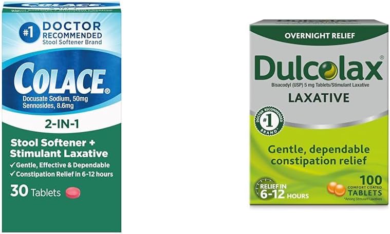 Colace 2in1 Stool Softener  Stimulant Laxative Tablets Gentle Constipation Relief in 612 Hours  Dulcolax Stimulant Laxative Tablets 100 Count Gentle Overnight Constipation Relief - Image 1