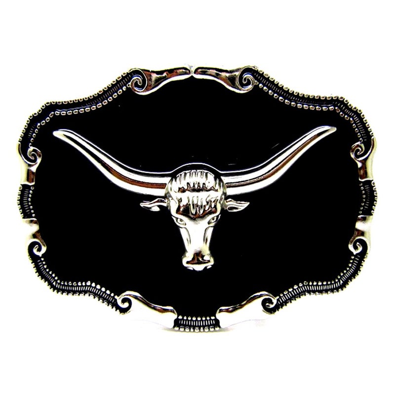 MASOP VOGU Western Texas Silver Cattle Longhorn Bull Belt Buckle Black Men Cowboy - Image 5