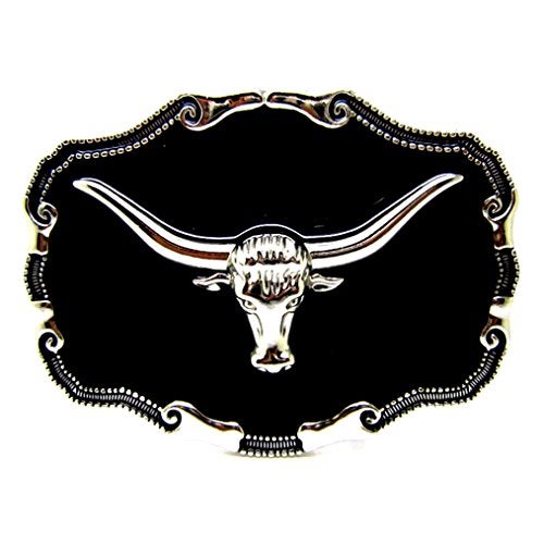 MASOP VOGU Western Texas Silver Cattle Longhorn Bull Belt Buckle Black Men Cowboy - Image 1