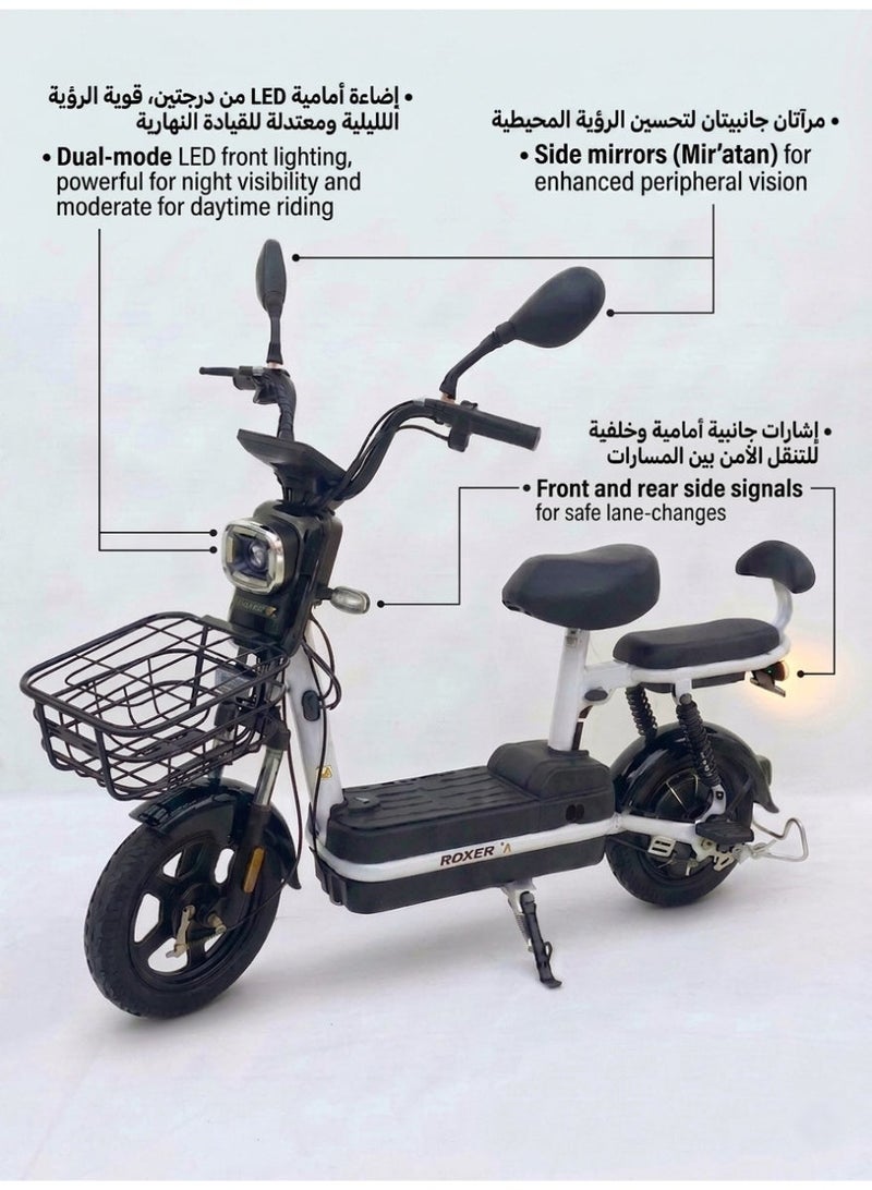 Roxer Electric Scooter for Adults 2-Seater Model 48V 350W Motor, 40km/h Top Speed, Includes Front Basket, Digital Display, Anti-Theft, and LED Headlights Professional Assembly Recommended - Image 4