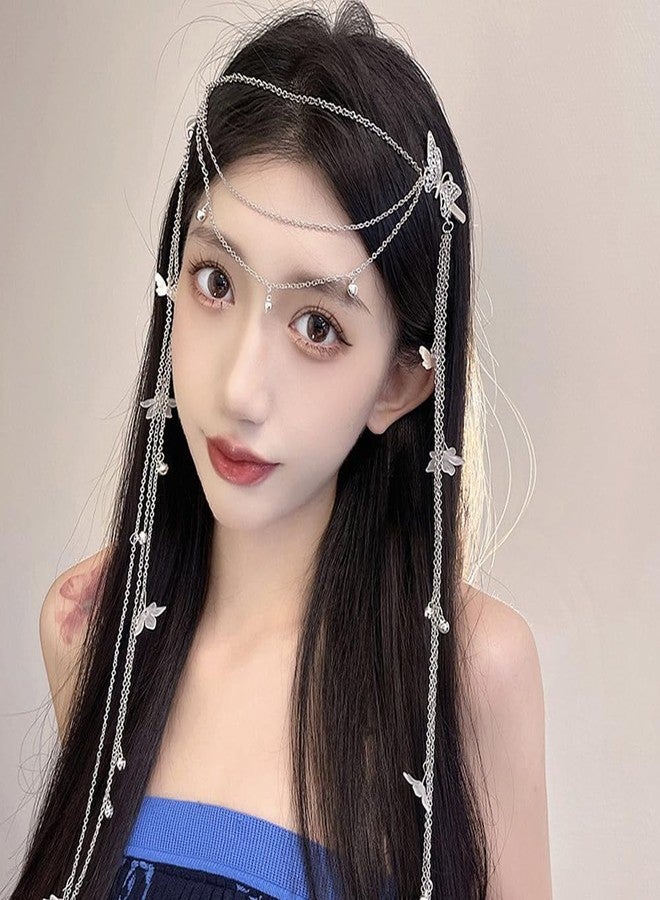 DonLeeving 2 PACK Silver Wedding Butterfly Flower Headband Boho Head Chain Tassel Headband for Women Sparkly Rhinestone Fake Earrings Hair Accessories for Women and Girls - Image 3