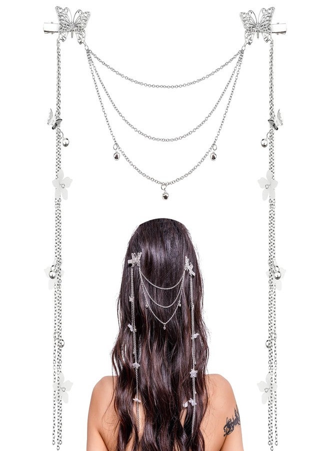 DonLeeving 2 PACK Silver Wedding Butterfly Flower Headband Boho Head Chain Tassel Headband for Women Sparkly Rhinestone Fake Earrings Hair Accessories for Women and Girls - Image 1