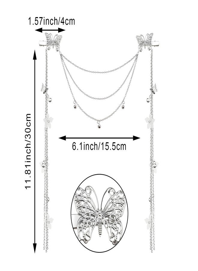 DonLeeving 2 PACK Silver Wedding Butterfly Flower Headband Boho Head Chain Tassel Headband for Women Sparkly Rhinestone Fake Earrings Hair Accessories for Women and Girls - Image 2