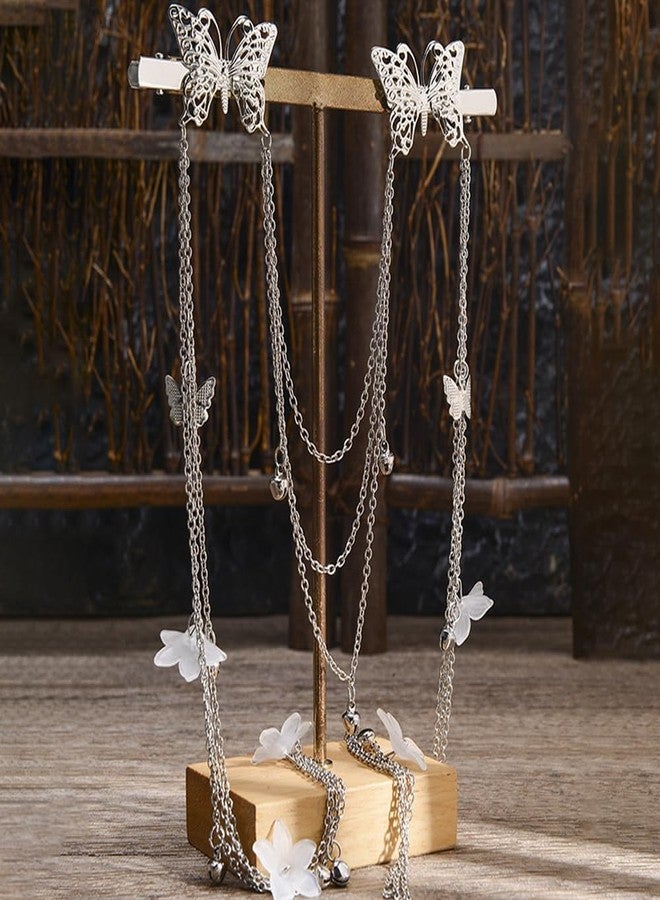 DonLeeving 2 PACK Silver Wedding Butterfly Flower Headband Boho Head Chain Tassel Headband for Women Sparkly Rhinestone Fake Earrings Hair Accessories for Women and Girls - Image 5