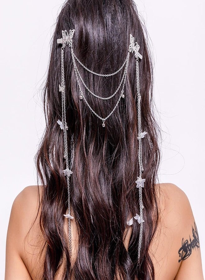 DonLeeving 2 PACK Silver Wedding Butterfly Flower Headband Boho Head Chain Tassel Headband for Women Sparkly Rhinestone Fake Earrings Hair Accessories for Women and Girls - Image 4