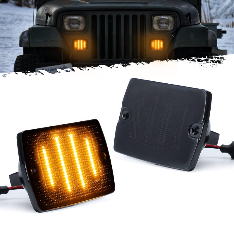 مجموعة مصابيح إشارة الانعطاف الأمامية Partsam 2 قطعة برتقالية 24 LED مع ضوء نهاري أبيض متوافق مع Wrangler YJ 1987-1993 مع قابس 3157 وقابس 1157 عدسة مدخنة