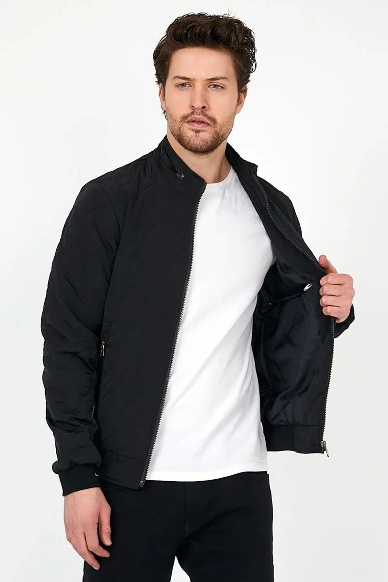Sivaist New Season Men's Black Seasonal Knitwear and Leather Piping Detailed Zippered Inner Pocket Coat & Jacket