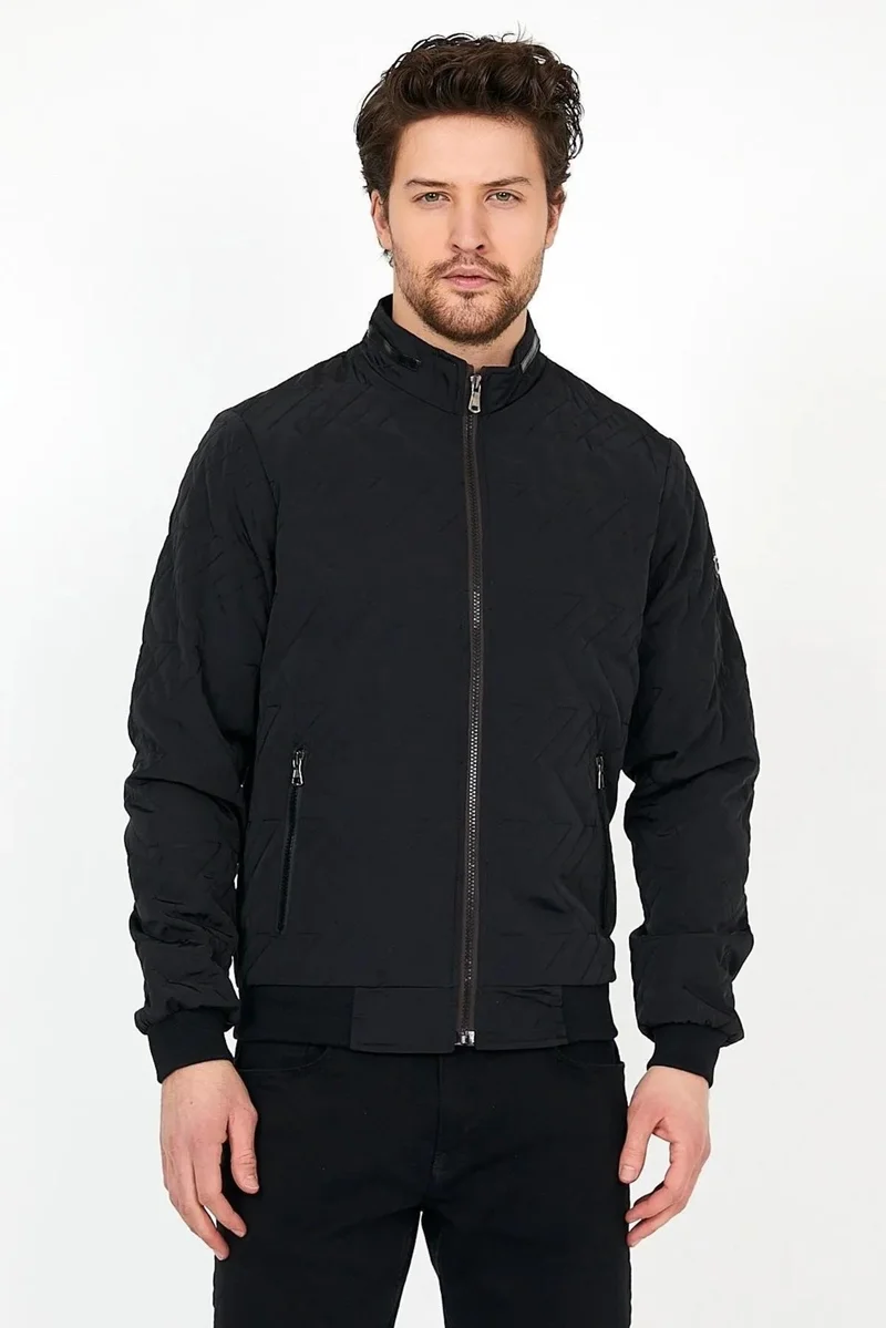 Sivaist New Season Men's Black Seasonal Knitwear and Leather Piping Detailed Zippered Inner Pocket Coat & Jacket