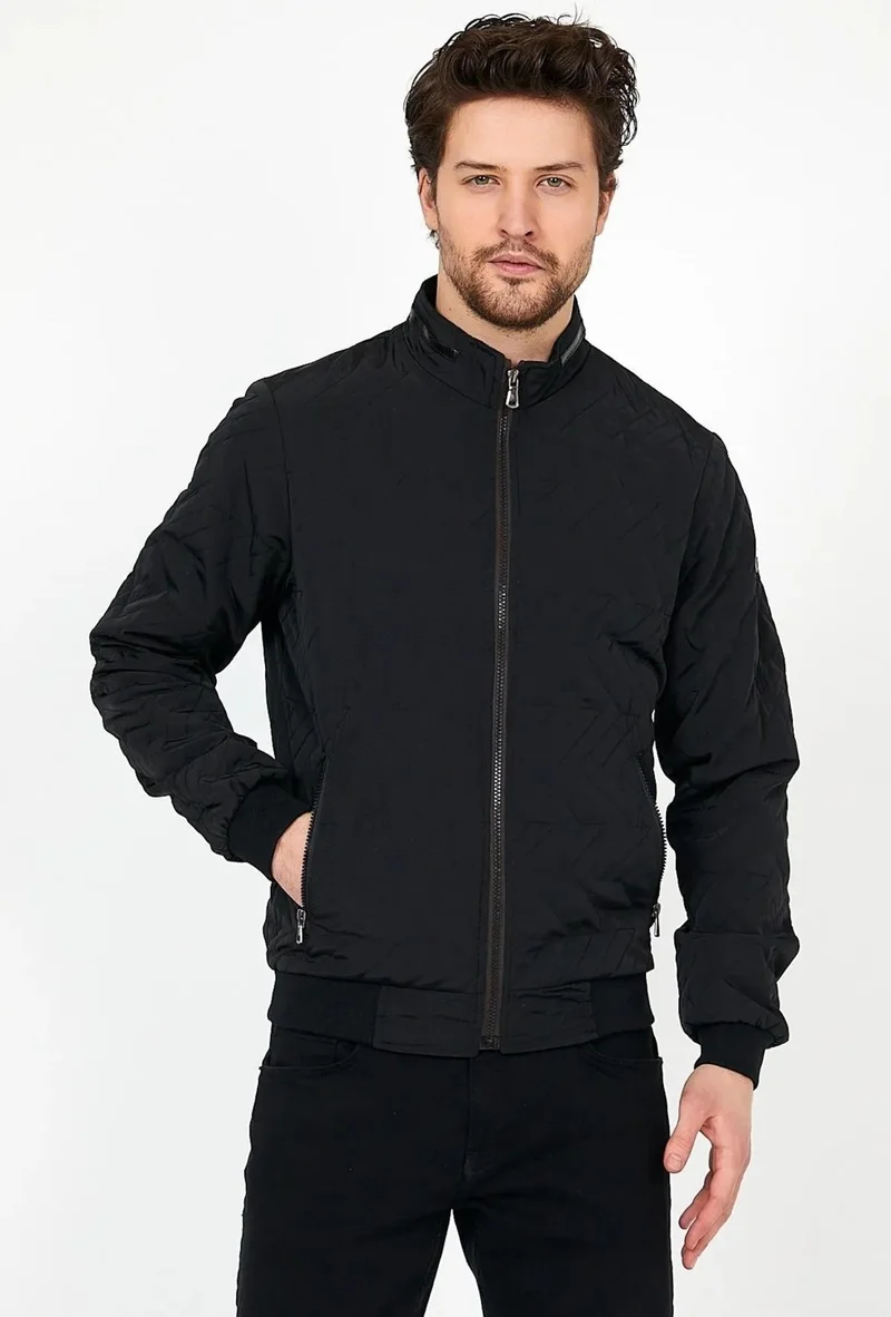 Sivaist New Season Men's Black Seasonal Knitwear and Leather Piping Detailed Zippered Inner Pocket Coat & Jacket