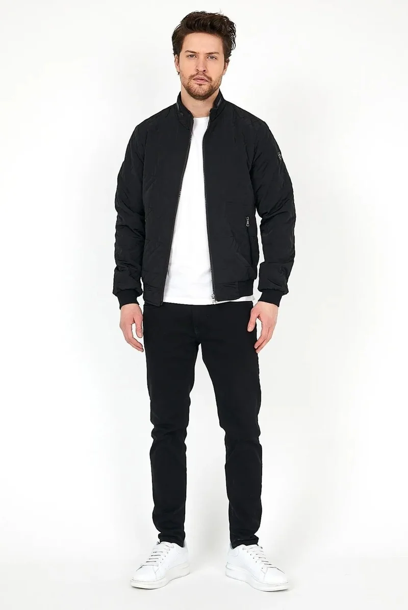 Sivaist New Season Men's Black Seasonal Knitwear and Leather Piping Detailed Zippered Inner Pocket Coat & Jacket