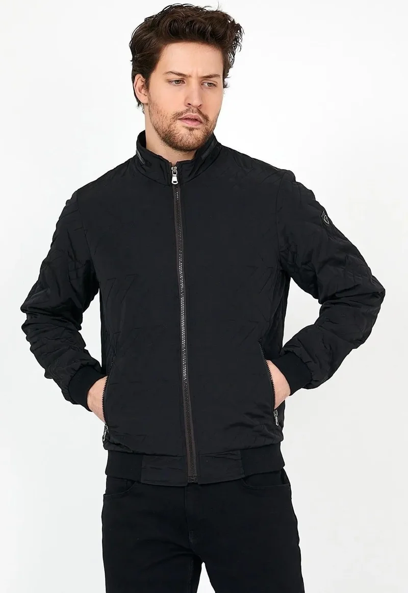 Sivaist New Season Men's Black Seasonal Knitwear and Leather Piping Detailed Zippered Inner Pocket Coat & Jacket