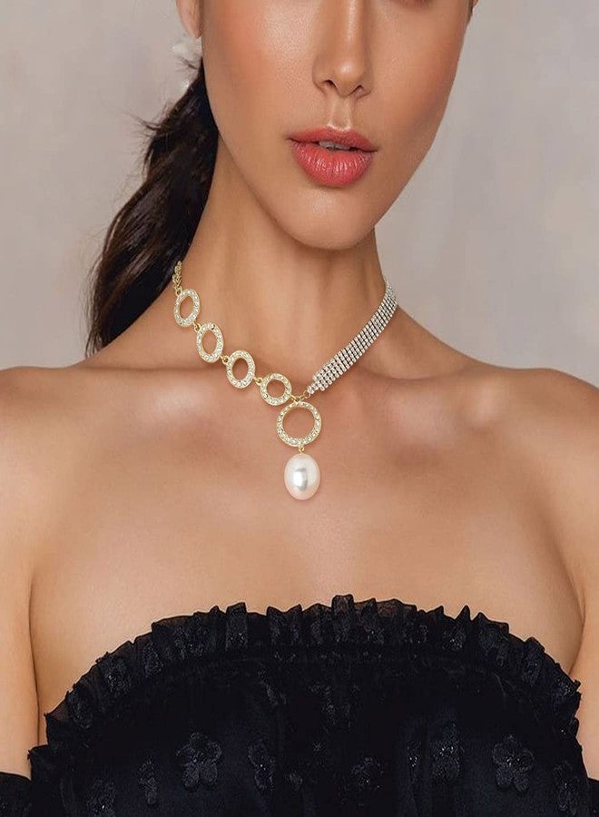 ELABEST Sparkly Rhinestone Necklace Pearl Necklace Crystal Choker Circle Necklace Trendy Tennis Chain Dainty Wedding Bridal Bridesmaid Jewelry for Women (Gold) - Image 4