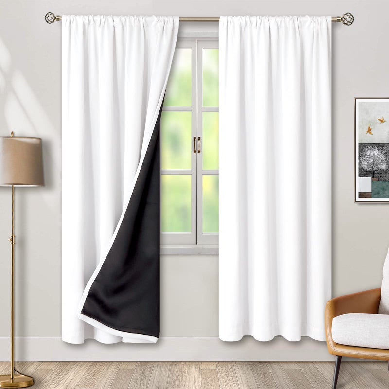 BGment Thermal Insulated 100 Blackout Curtains for Bedroom with Black Liner Double Layer Full Room Darkening Noise Reducing Rod Pocket Curtain 52 x 72 Inch Pure White 2 Panels